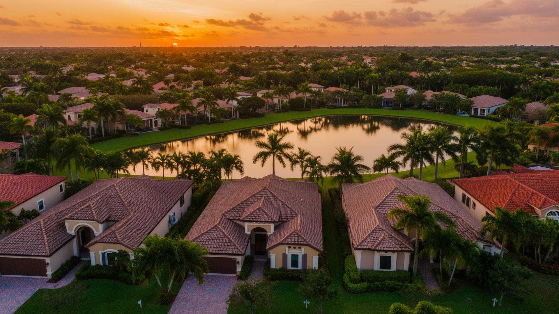Aerial sunset view of Miami Lakes Florida homes — cash home buyers serving Miami Lakes homeowners